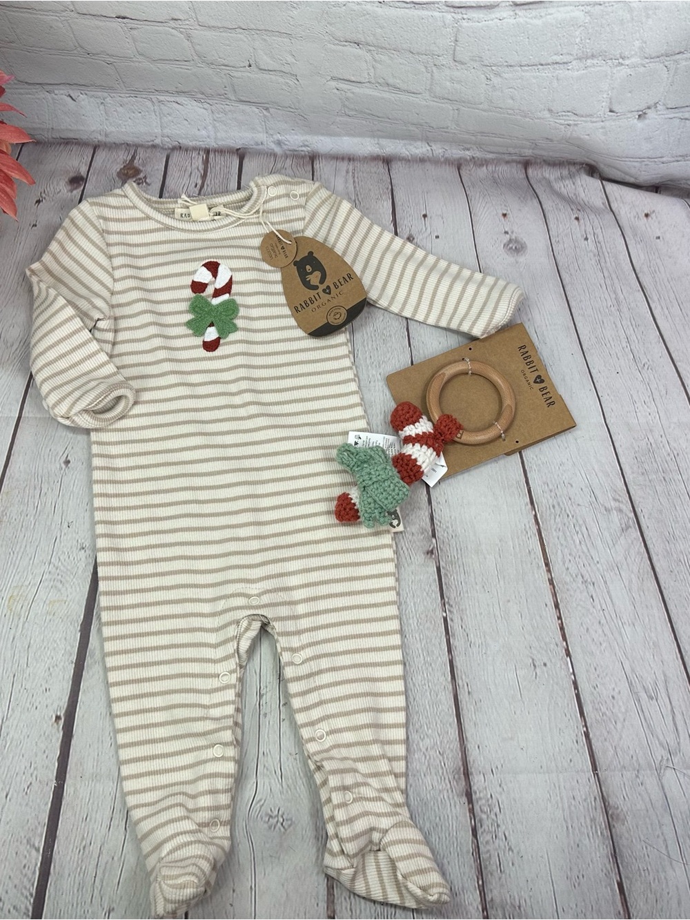 Rabbit & Bear Cream Stripe Baby Footie with Candy Applique